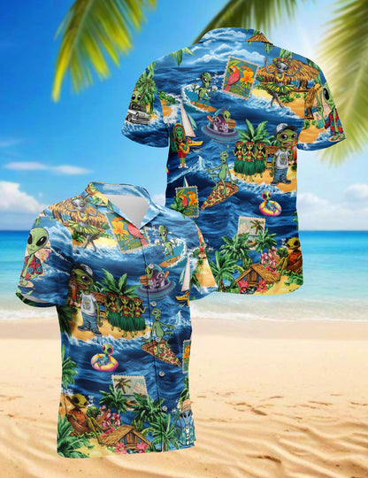 Netecom Funny Alien Surfing Hawaiian Shirt for Men, Button Down Summer Beach Short Sleeve, Fun Style, Sizes S-5XL