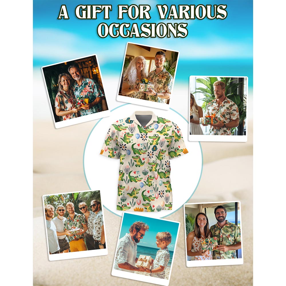 Netecom Funny Alligator Hawaiian Shirt for Men, Button Down Summer Beach Short Sleeve, Animals Lover Gifts, S-5XL