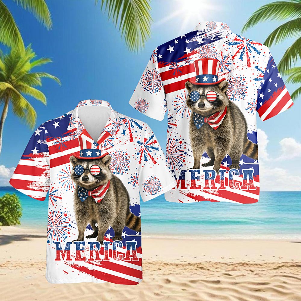 Netecom Funny America Raccoon with Glasses Hawaiian Shirt, 4th of July Gifts, American Flag Button Down Shirts, S-5XL