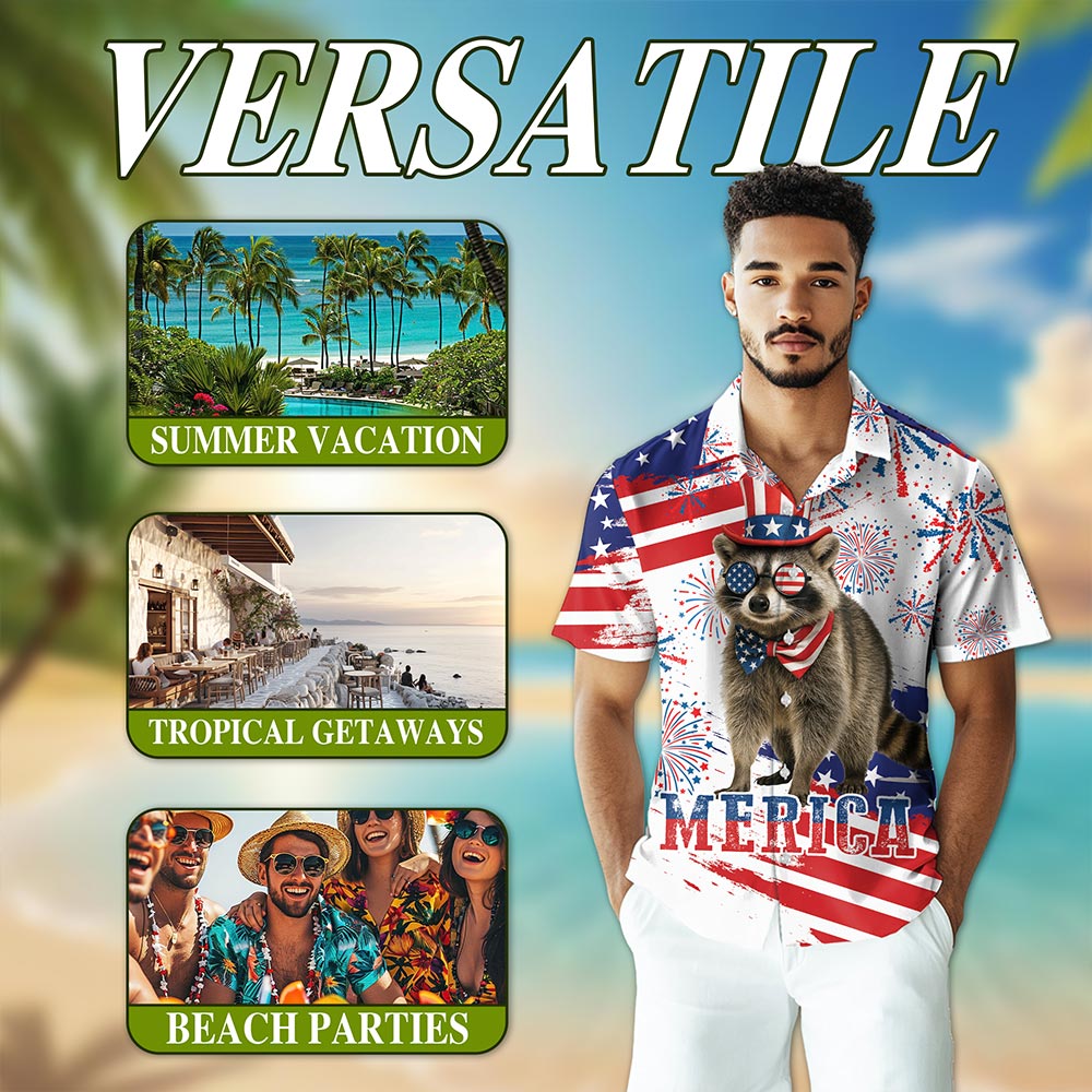 Netecom Funny America Raccoon with Glasses Hawaiian Shirt, 4th of July Gifts, American Flag Button Down Shirts, S-5XL