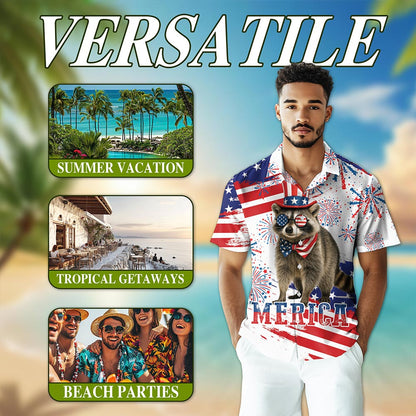 Netecom Funny America Raccoon with Glasses Hawaiian Shirt, 4th of July Gifts, American Flag Button Down Shirts, S-5XL