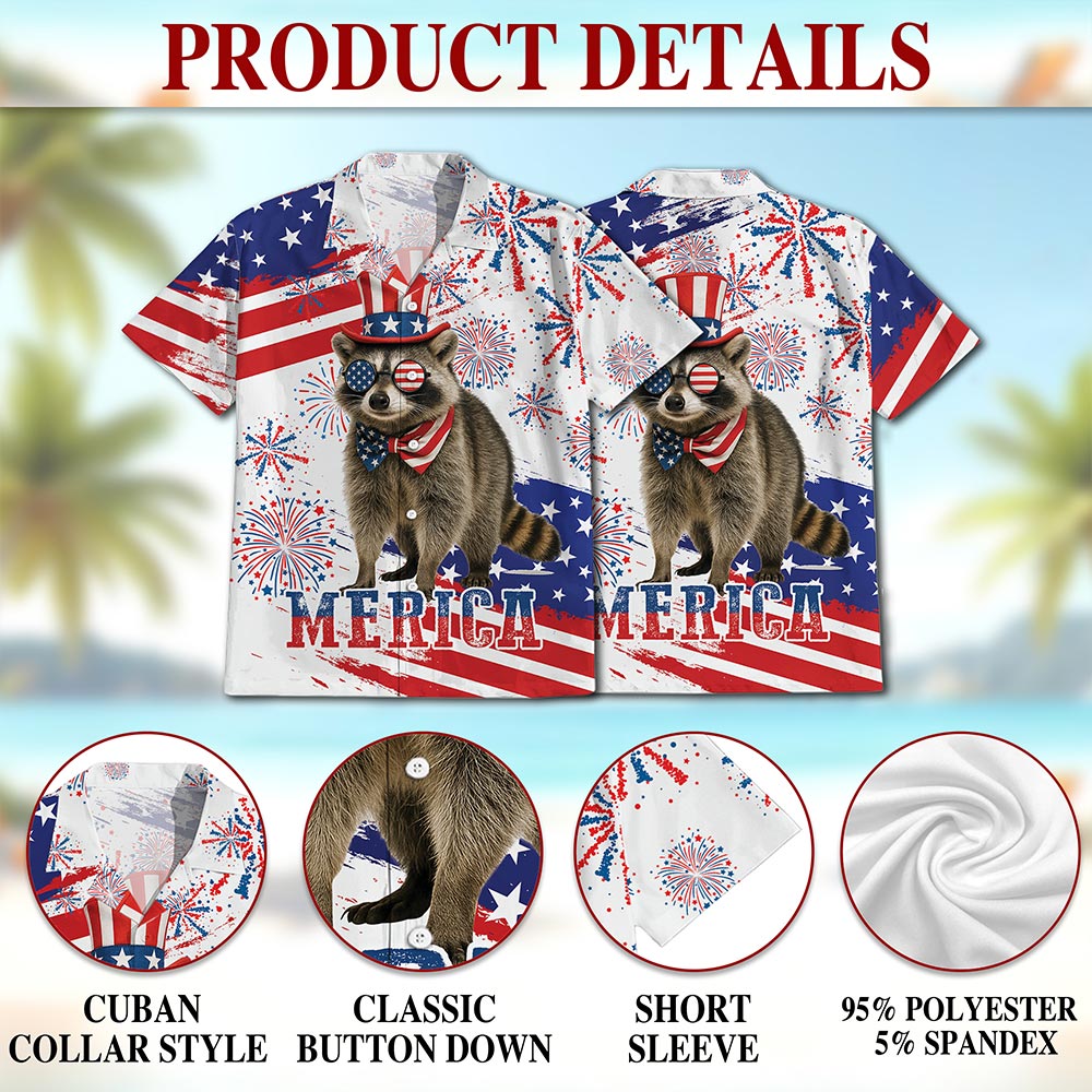 Netecom Funny America Raccoon with Glasses Hawaiian Shirt, 4th of July Gifts, American Flag Button Down Shirts, S-5XL