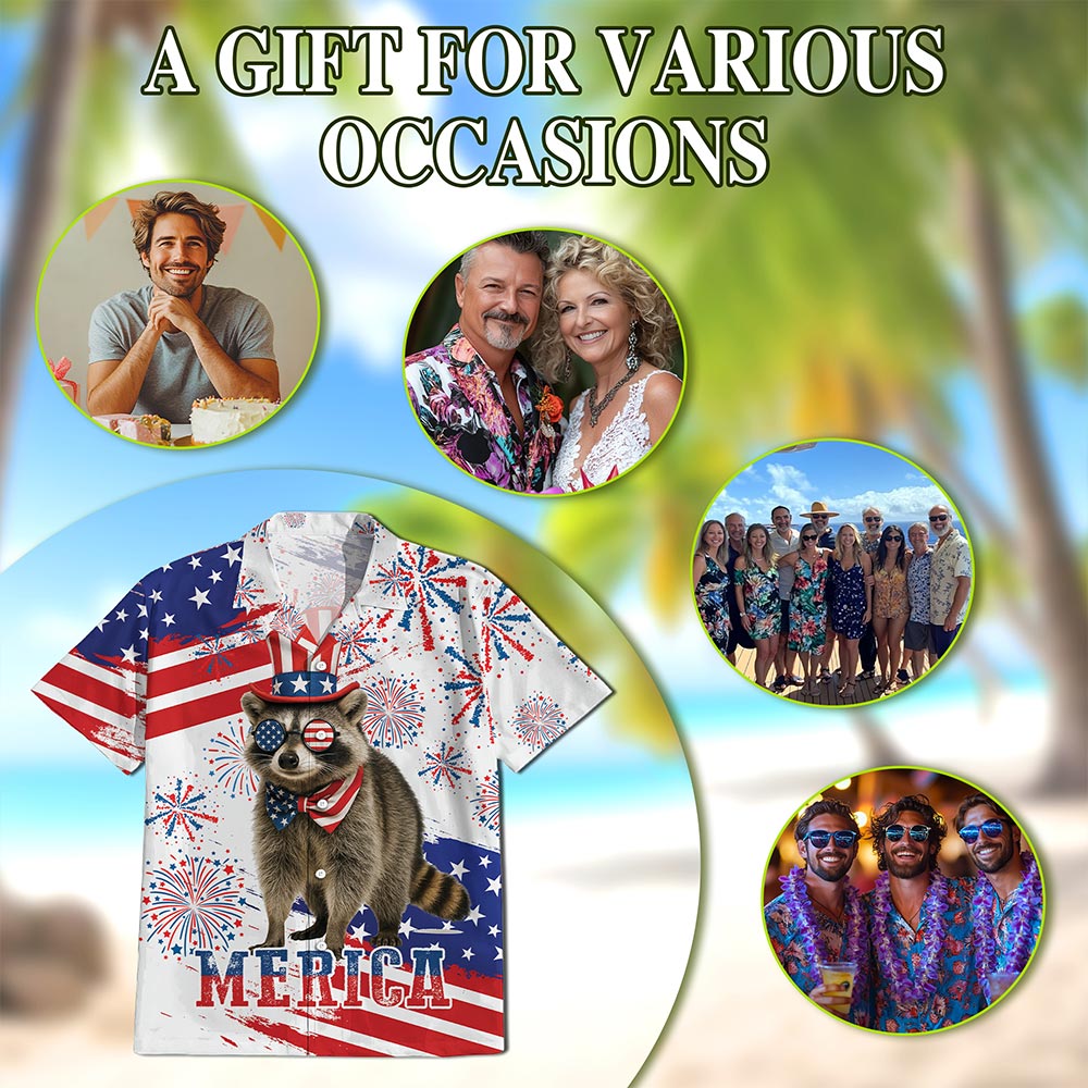 Netecom Funny America Raccoon with Glasses Hawaiian Shirt, 4th of July Gifts, American Flag Button Down Shirts, S-5XL