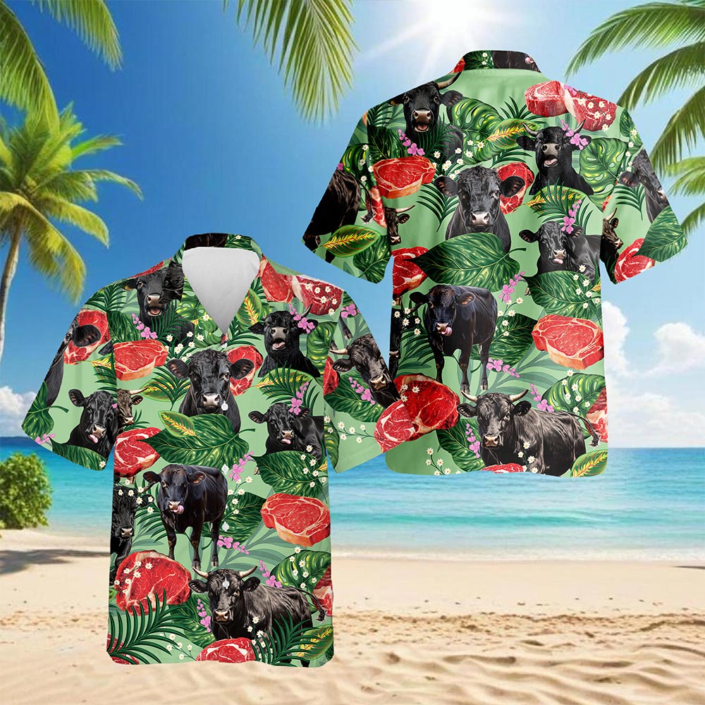Netecom Funny Angus Cattle Hawaiian Shirt for Men, Cow Lover Gifts, Floral Button Down Summer Beach Short Sleeve Shirts, S-5XL