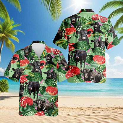Netecom Funny Angus Cattle Hawaiian Shirt for Men, Cow Lover Gifts, Floral Button Down Summer Beach Short Sleeve Shirts, S-5XL