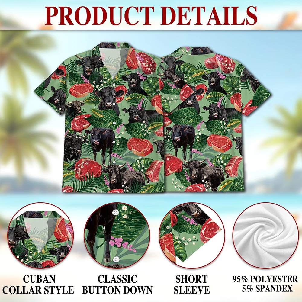 Netecom Funny Angus Cattle Hawaiian Shirt for Men, Cow Lover Gifts, Floral Button Down Summer Beach Short Sleeve Shirts, S-5XL