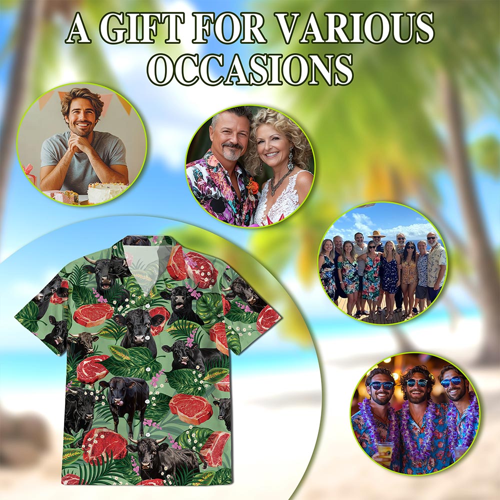 Netecom Funny Angus Cattle Hawaiian Shirt for Men, Cow Lover Gifts, Floral Button Down Summer Beach Short Sleeve Shirts, S-5XL