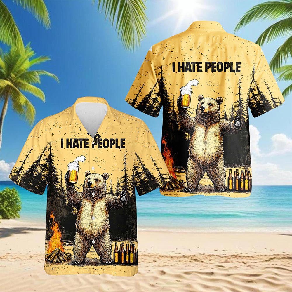 Netecom Funny Bear Drinks Beer Hawaiian Shirt for Men, Vintage Camping Button Down Summer Beach Short Sleeve, Sizes S-5XL