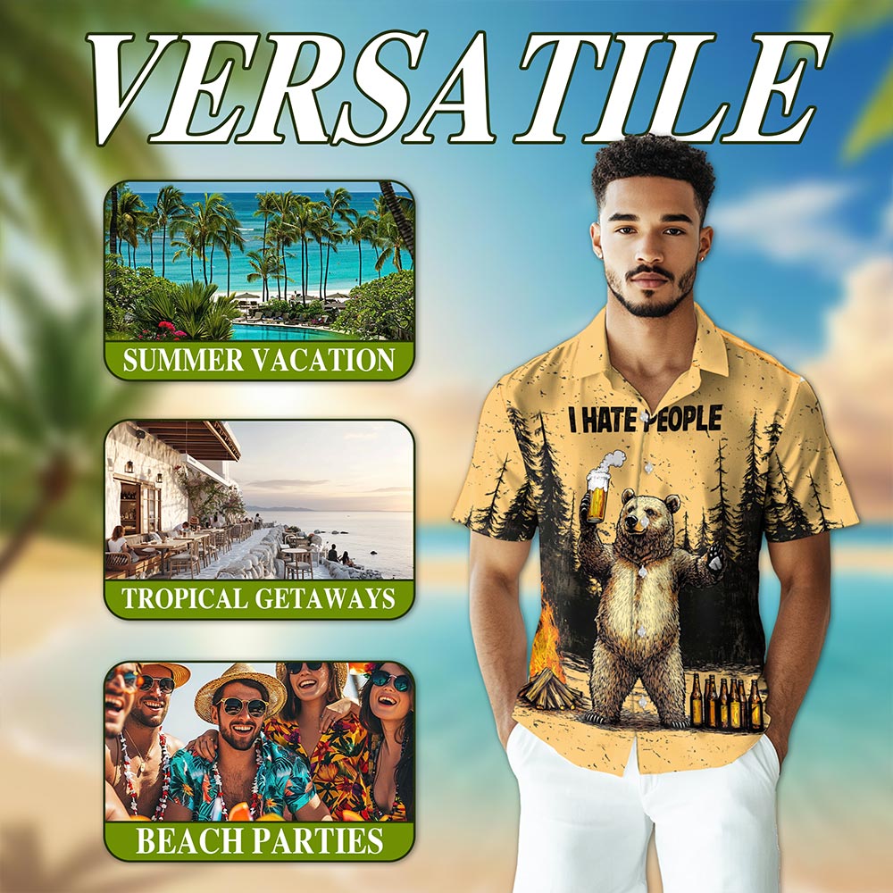 Netecom Funny Bear Drinks Beer Hawaiian Shirt for Men, Vintage Camping Button Down Summer Beach Short Sleeve, Sizes S-5XL