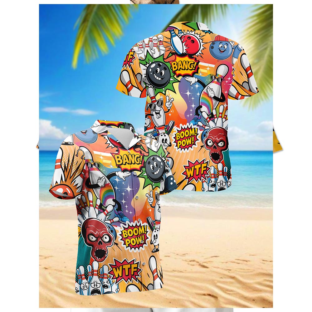 Netecom Funny Bowling Hawaiian Shirt for Men, Button Down Summer Beach Short Sleeve, S-5XL
