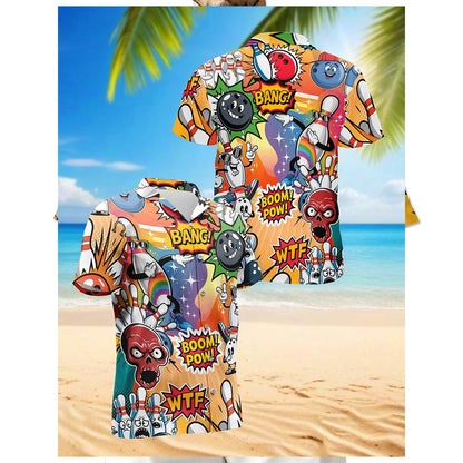 Netecom Funny Bowling Hawaiian Shirt for Men, Button Down Summer Beach Short Sleeve, S-5XL