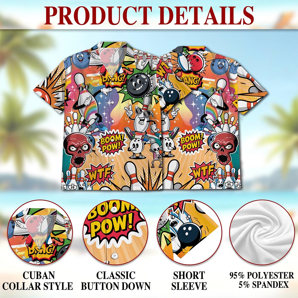 Netecom Funny Bowling Hawaiian Shirt for Men, Button Down Summer Beach Short Sleeve, S-5XL
