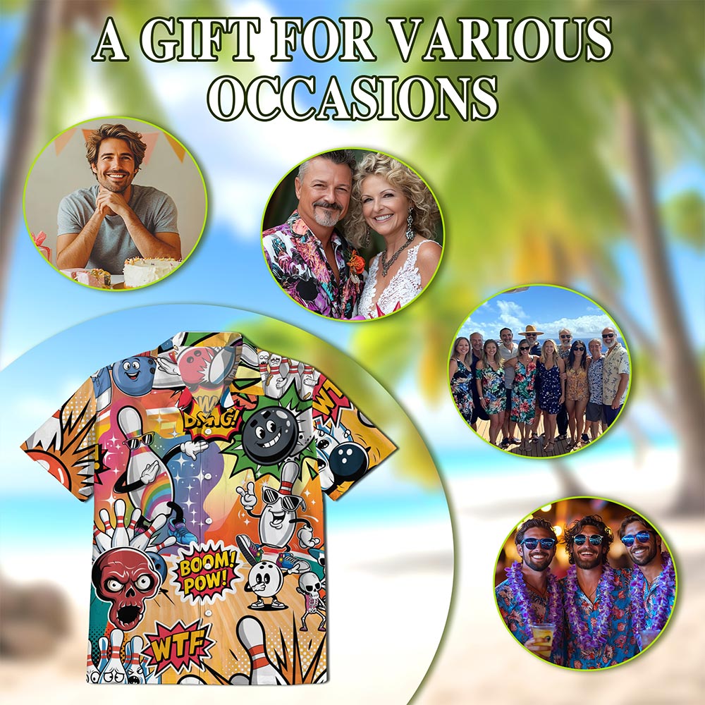 Netecom Funny Bowling Hawaiian Shirt for Men, Button Down Summer Beach Short Sleeve, S-5XL