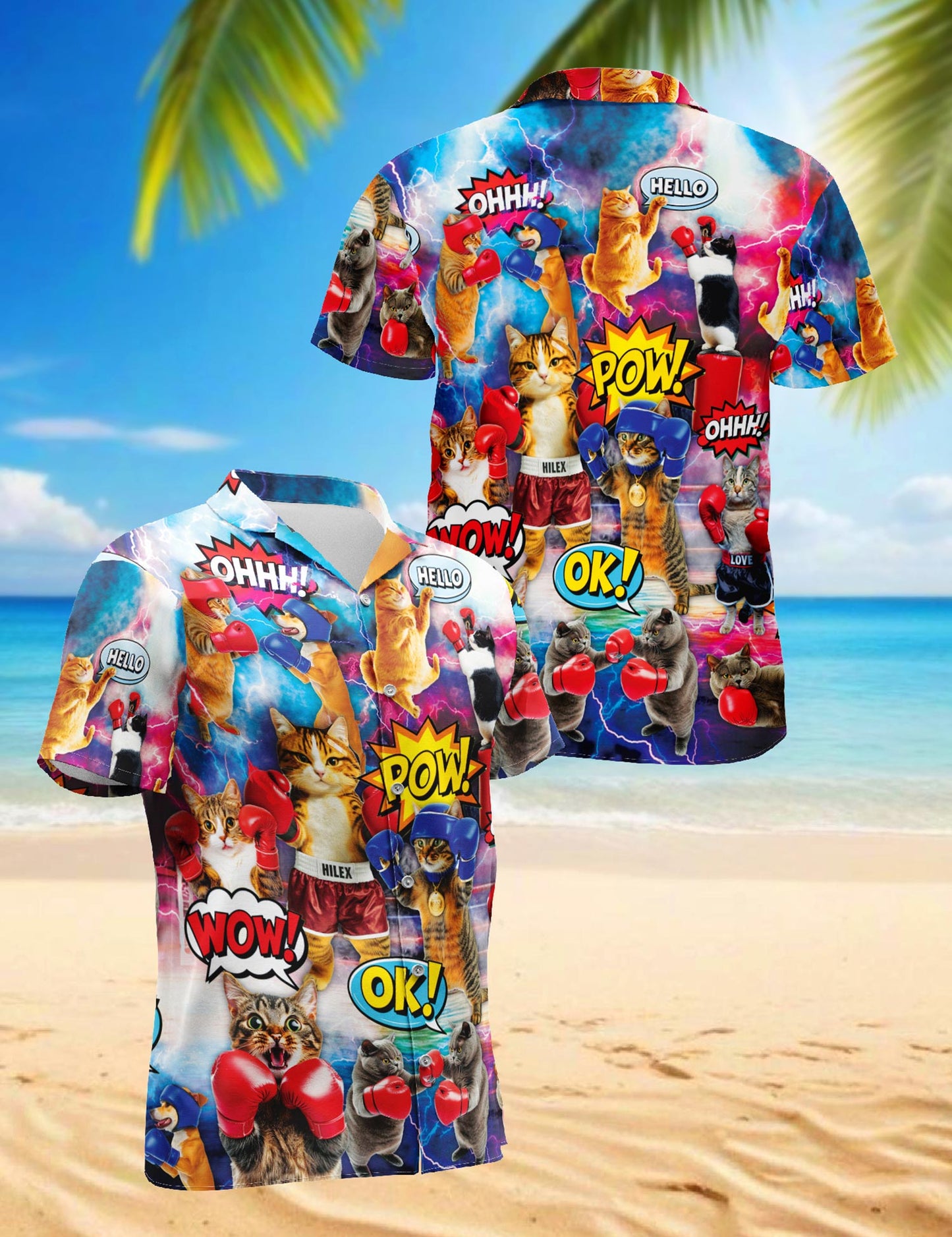 Netecom Funny Boxing Cat Martial Arts Hawaiian Shirt for Men, Cat Lover Gifts, Animal Button Down Summer Beach Shirts, S-5XL