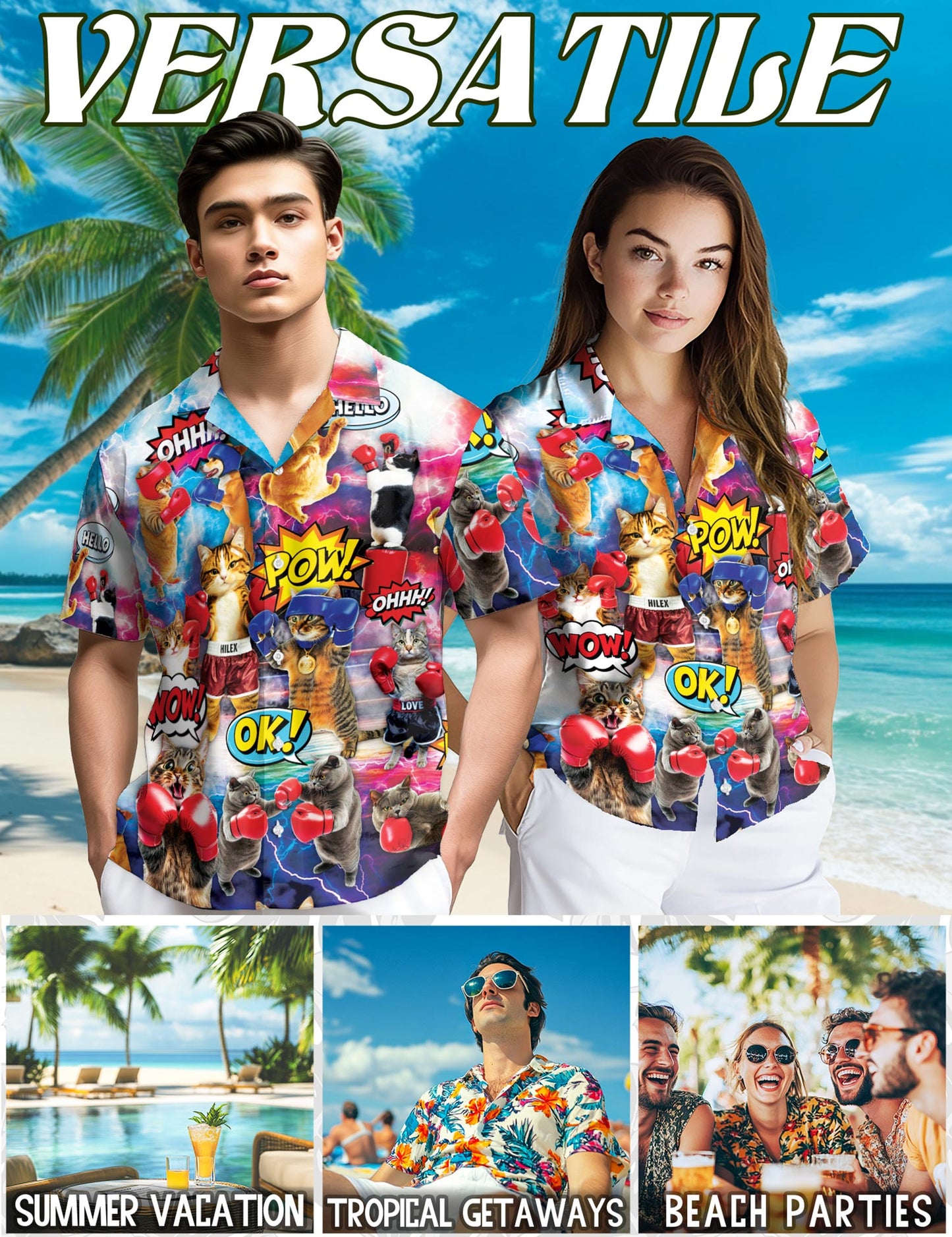 Netecom Funny Boxing Cat Martial Arts Hawaiian Shirt for Men, Cat Lover Gifts, Animal Button Down Summer Beach Shirts, S-5XL