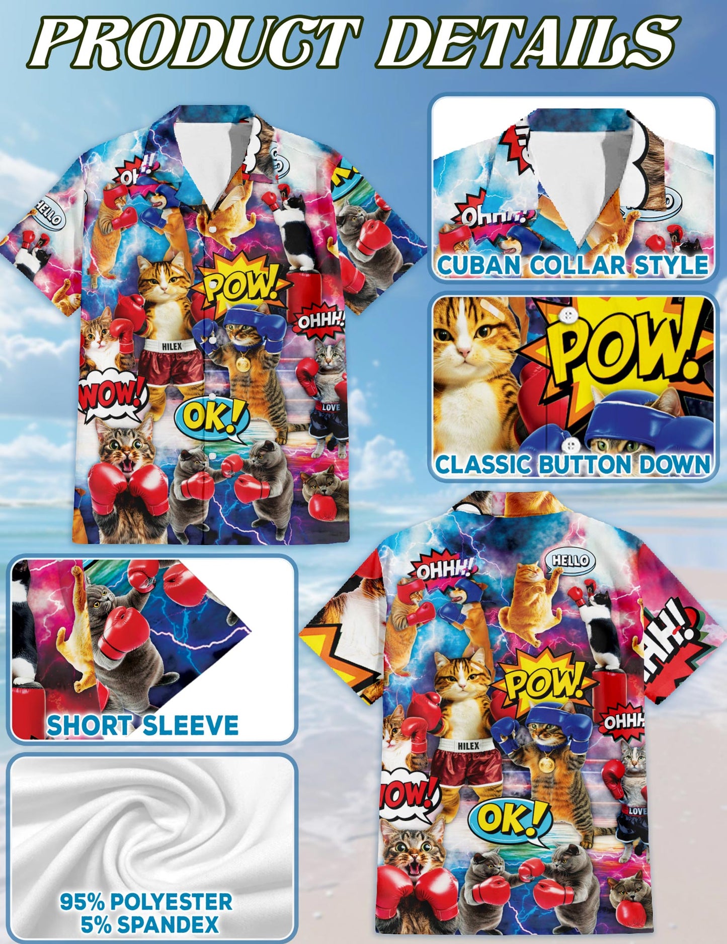 Netecom Funny Boxing Cat Martial Arts Hawaiian Shirt for Men, Cat Lover Gifts, Animal Button Down Summer Beach Shirts, S-5XL