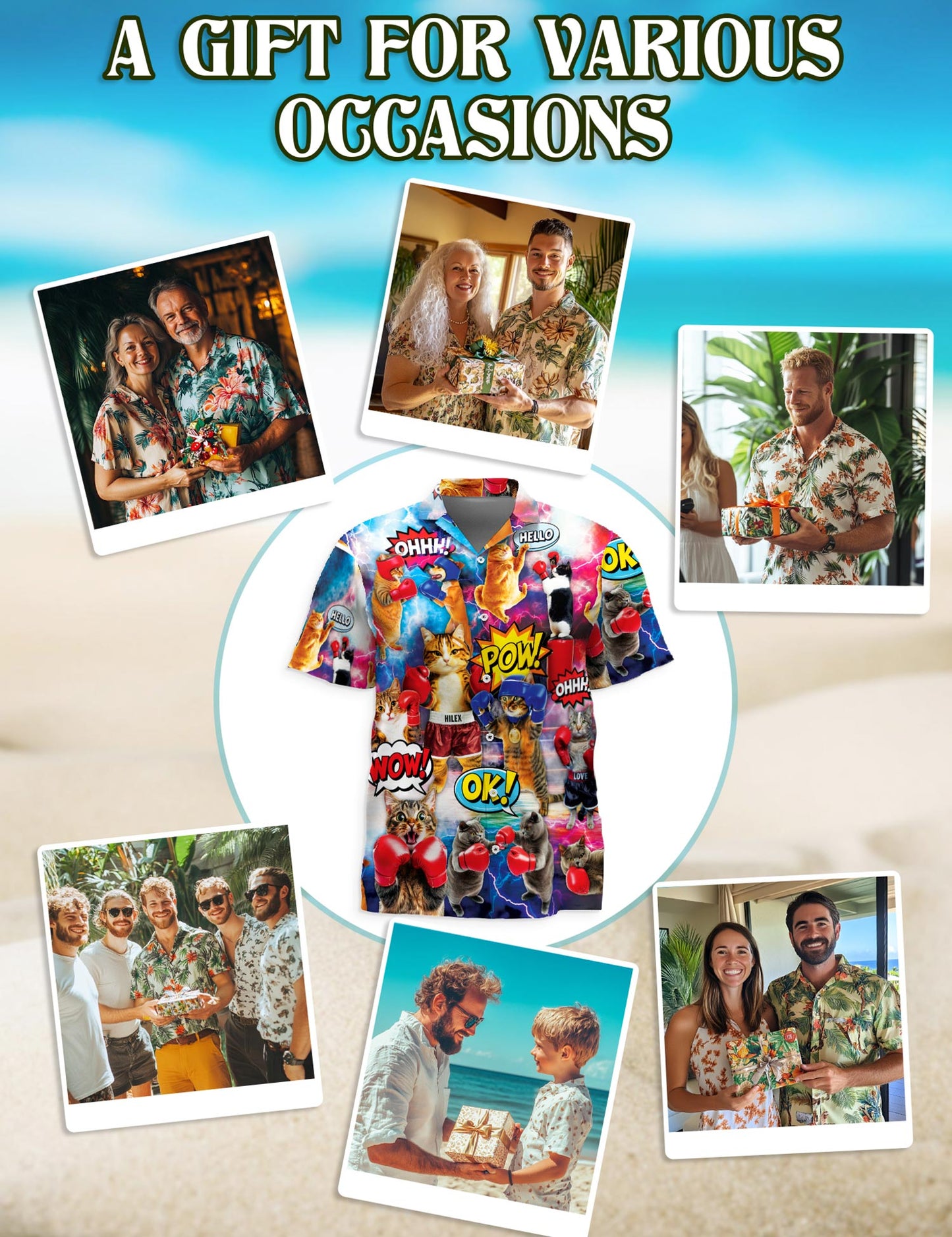 Netecom Funny Boxing Cat Martial Arts Hawaiian Shirt for Men, Cat Lover Gifts, Animal Button Down Summer Beach Shirts, S-5XL