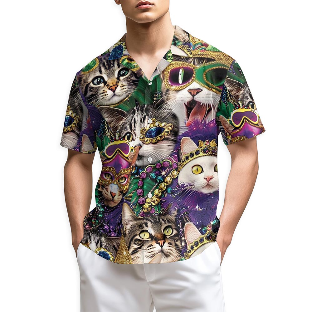 Netecom Funny Cat Mardi Gras Hawaiian Shirt for Men