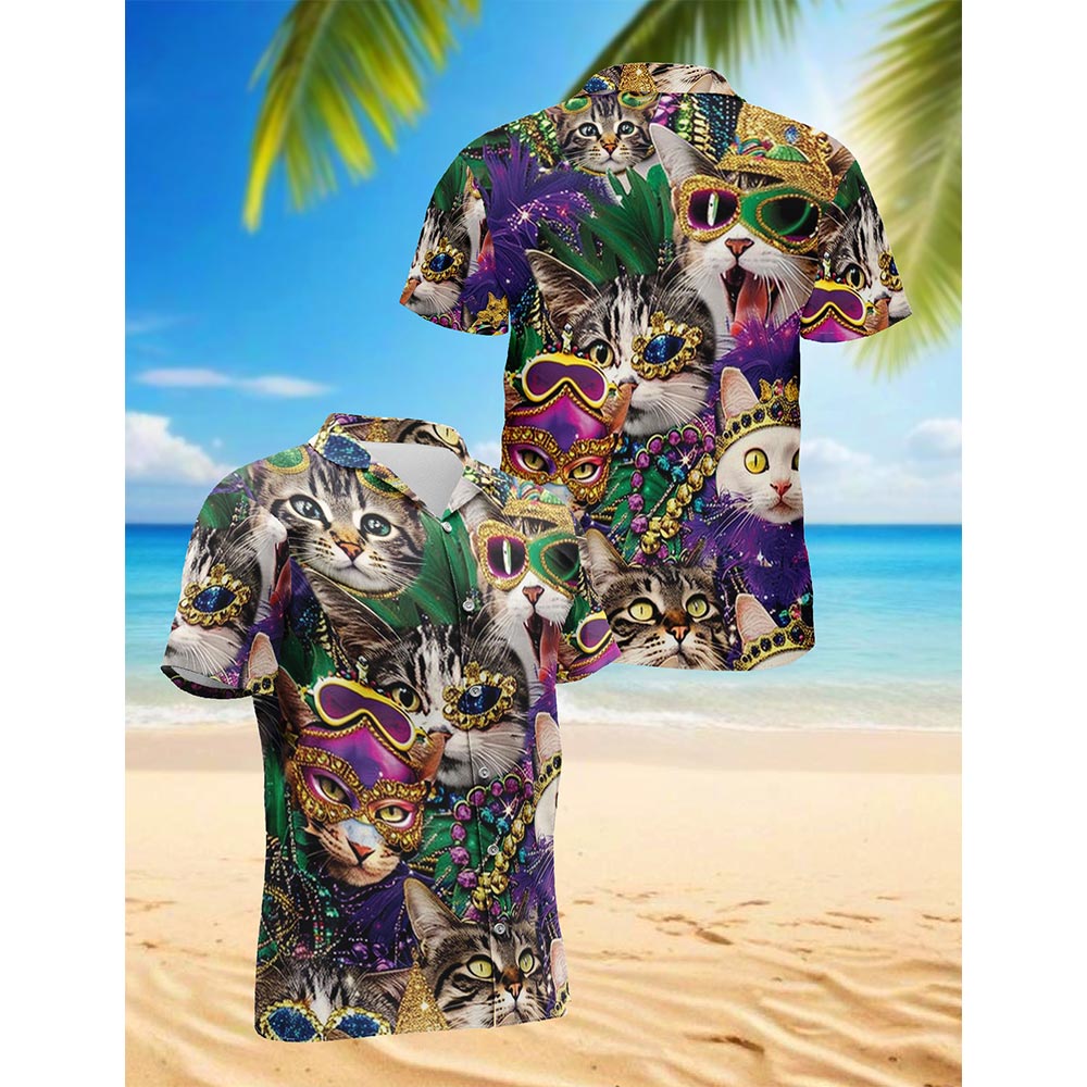 Netecom Funny Cat Mardi Gras Hawaiian Shirt for Men, Button Down Summer Beach Short Sleeve, Festive Style, S-5XL