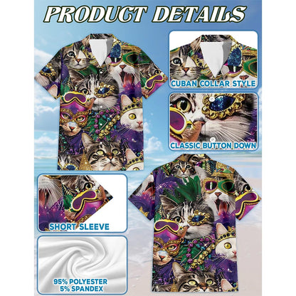 Netecom Funny Cat Mardi Gras Hawaiian Shirt for Men, Button Down Summer Beach Short Sleeve, Festive Style, S-5XL