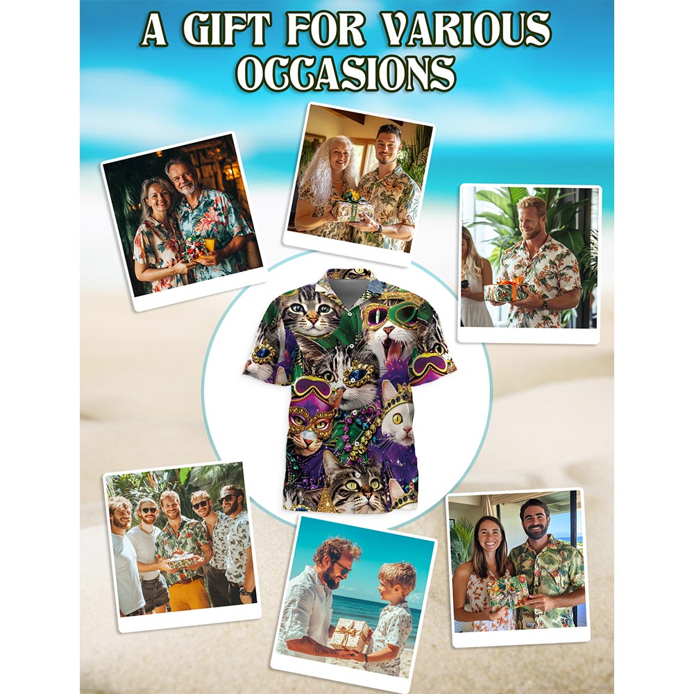 Netecom Funny Cat Mardi Gras Hawaiian Shirt for Men, Button Down Summer Beach Short Sleeve, Festive Style, S-5XL