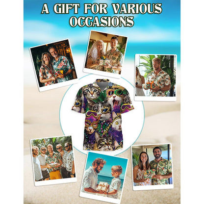 Netecom Funny Cat Mardi Gras Hawaiian Shirt for Men, Button Down Summer Beach Short Sleeve, Festive Style, S-5XL