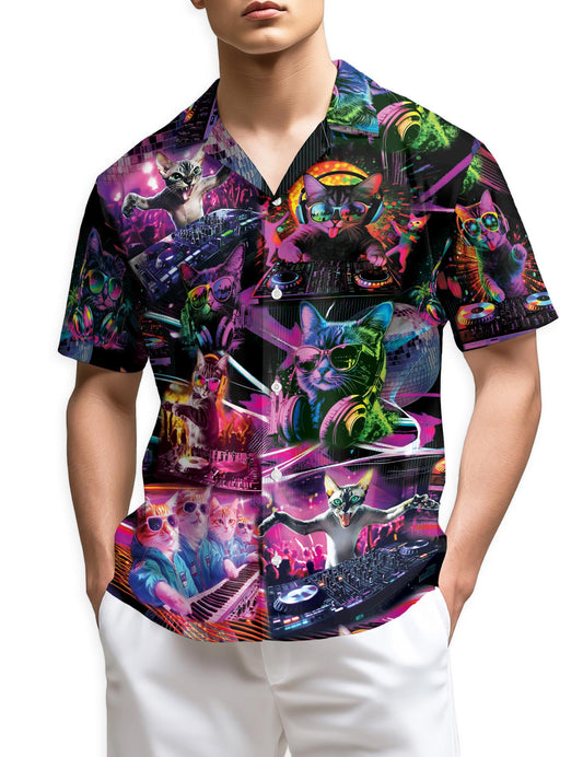 Netecom Funny Cat Playing DJ Hawaiian Shirts for Men