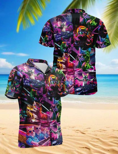 Netecom Funny Cat Playing DJ Hawaiian Shirts for Men, Cat Lover Gifts, Animal Button Down Summer Aloha Beach Shirts, S-5XL