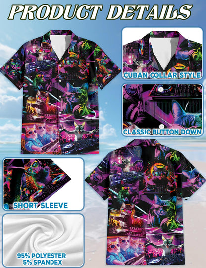 Netecom Funny Cat Playing DJ Hawaiian Shirts for Men, Cat Lover Gifts, Animal Button Down Summer Aloha Beach Shirts, S-5XL