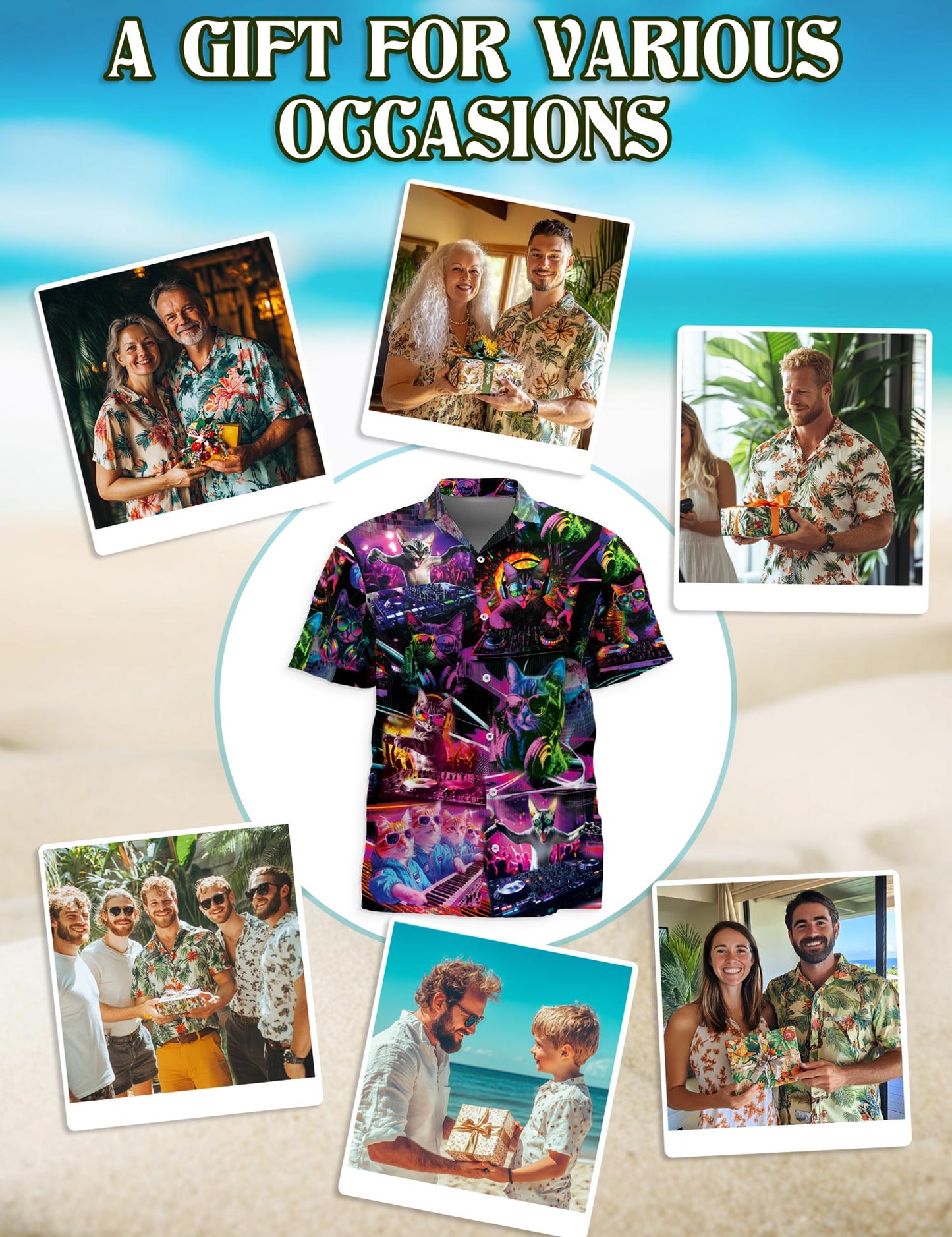 Netecom Funny Cat Playing DJ Hawaiian Shirts for Men, Cat Lover Gifts, Animal Button Down Summer Aloha Beach Shirts, S-5XL