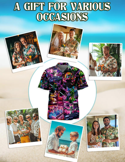 Netecom Funny Cat Playing DJ Hawaiian Shirts for Men, Cat Lover Gifts, Animal Button Down Summer Aloha Beach Shirts, S-5XL