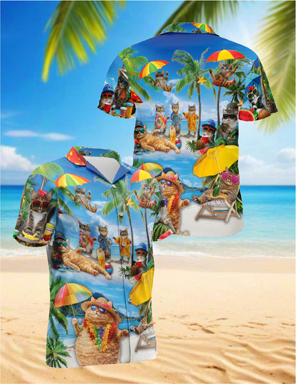 Netecom Funny Cats On Vacation Hawaiian Shirt for Men, Tropical Style, Button Down Summer Beach Short Sleeve, S-5XL