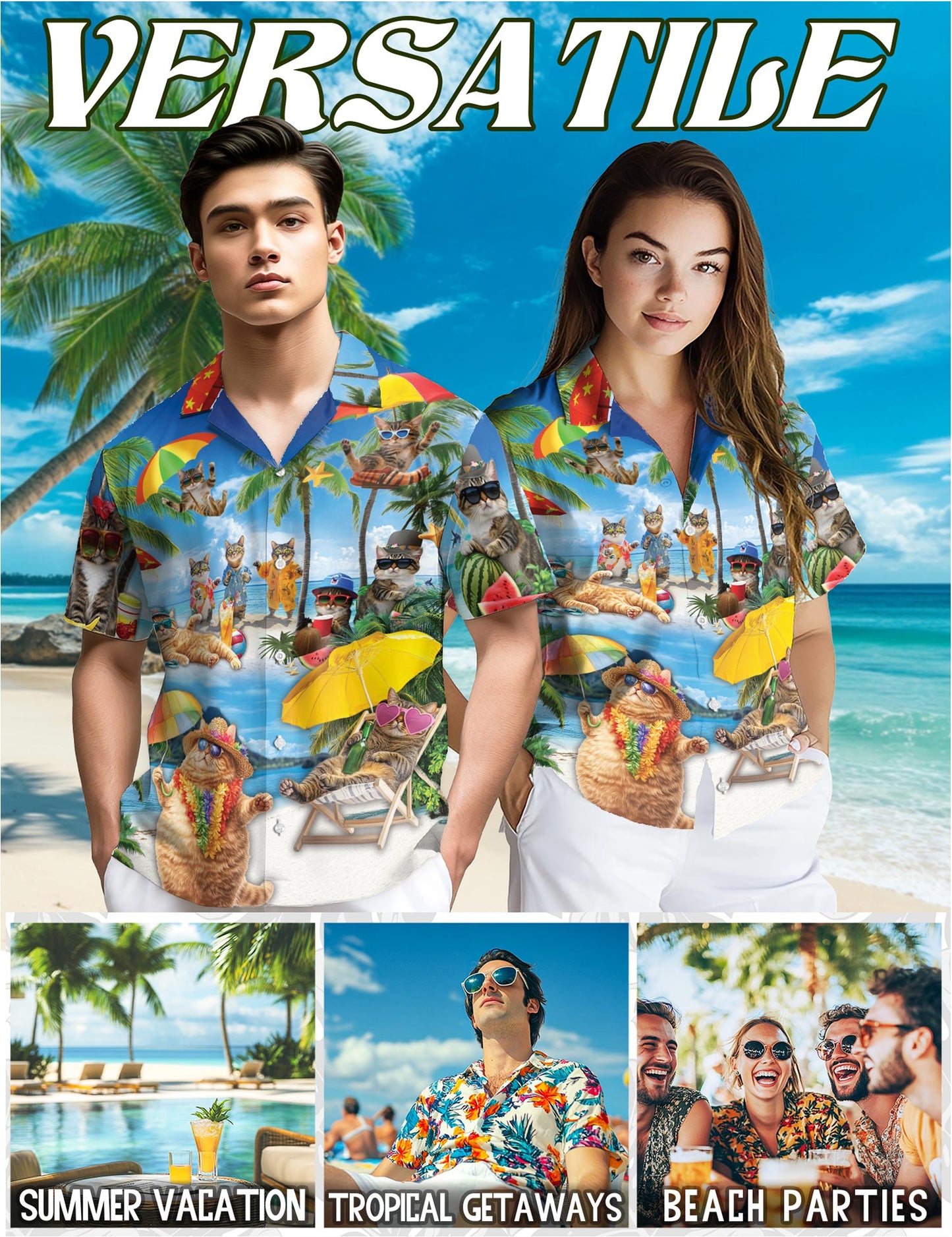 Netecom Funny Cats On Vacation Hawaiian Shirt for Men, Tropical Style, Button Down Summer Beach Short Sleeve, S-5XL