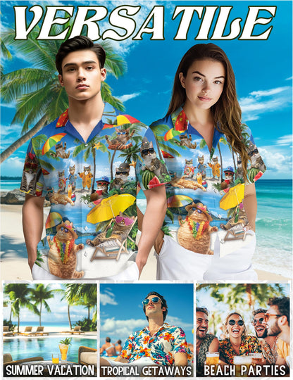 Netecom Funny Cats On Vacation Hawaiian Shirt for Men, Tropical Style, Button Down Summer Beach Short Sleeve, S-5XL