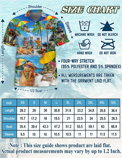 Netecom Funny Cats On Vacation Hawaiian Shirt for Men, Tropical Style, Button Down Summer Beach Short Sleeve, S-5XL