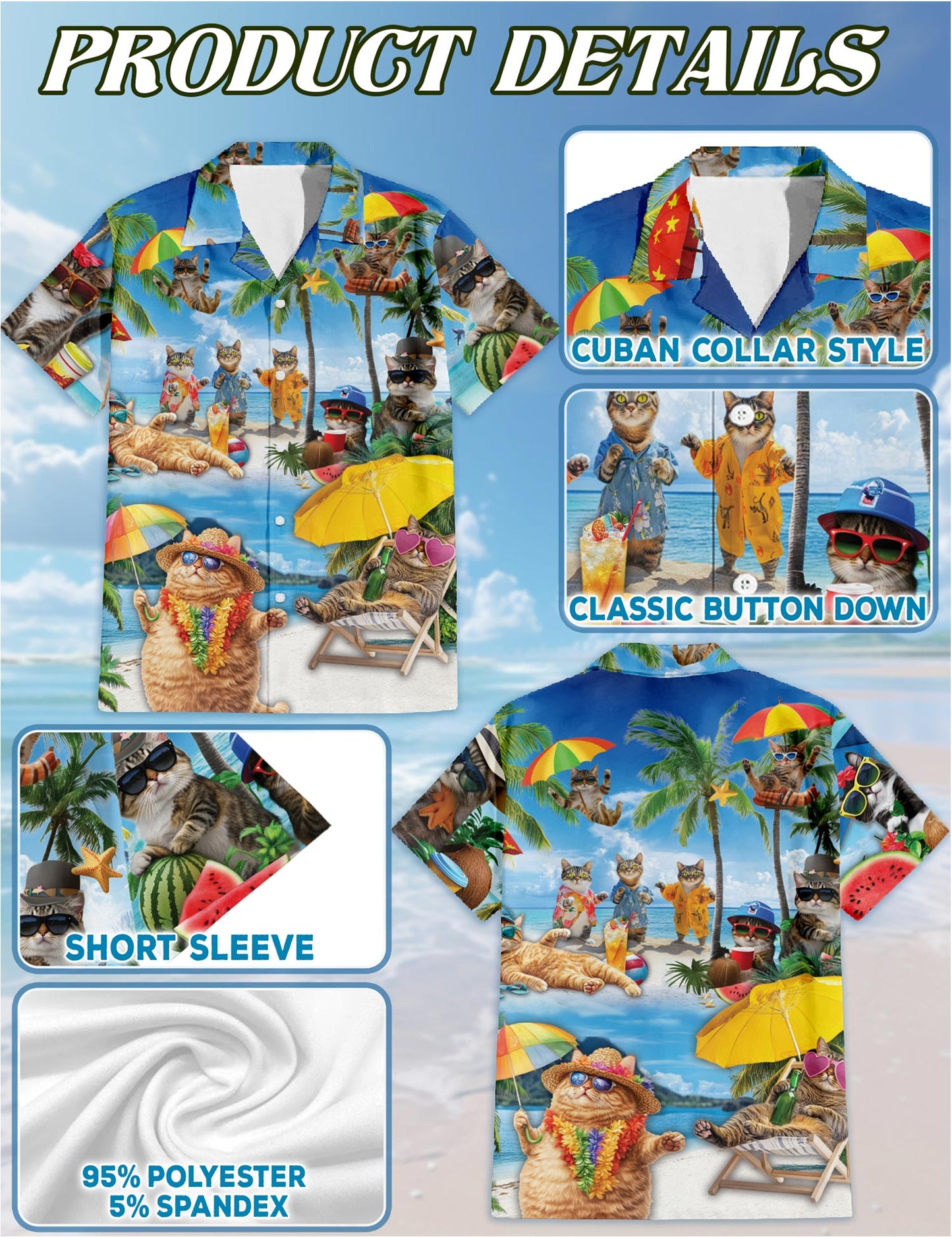Netecom Funny Cats On Vacation Hawaiian Shirt for Men, Tropical Style, Button Down Summer Beach Short Sleeve, S-5XL