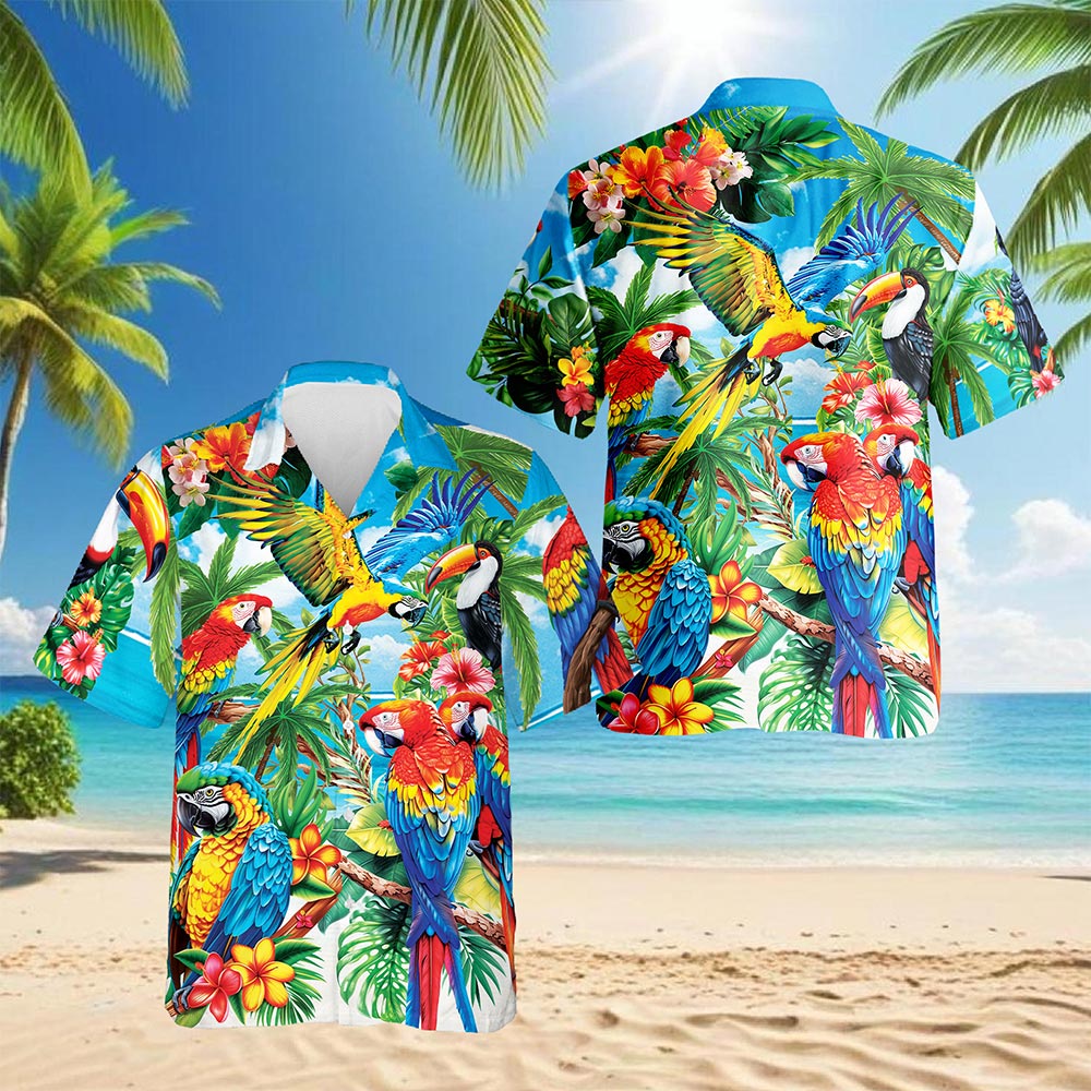 Netecom Funny Colorful Parrot Hawaiian Shirt for Men, Bird Lover Gifts, Tropical Animal Button Down Summer Beach Shirts, S-5XL