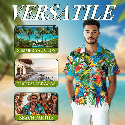 Netecom Funny Colorful Parrot Hawaiian Shirt for Men, Bird Lover Gifts, Tropical Animal Button Down Summer Beach Shirts, S-5XL