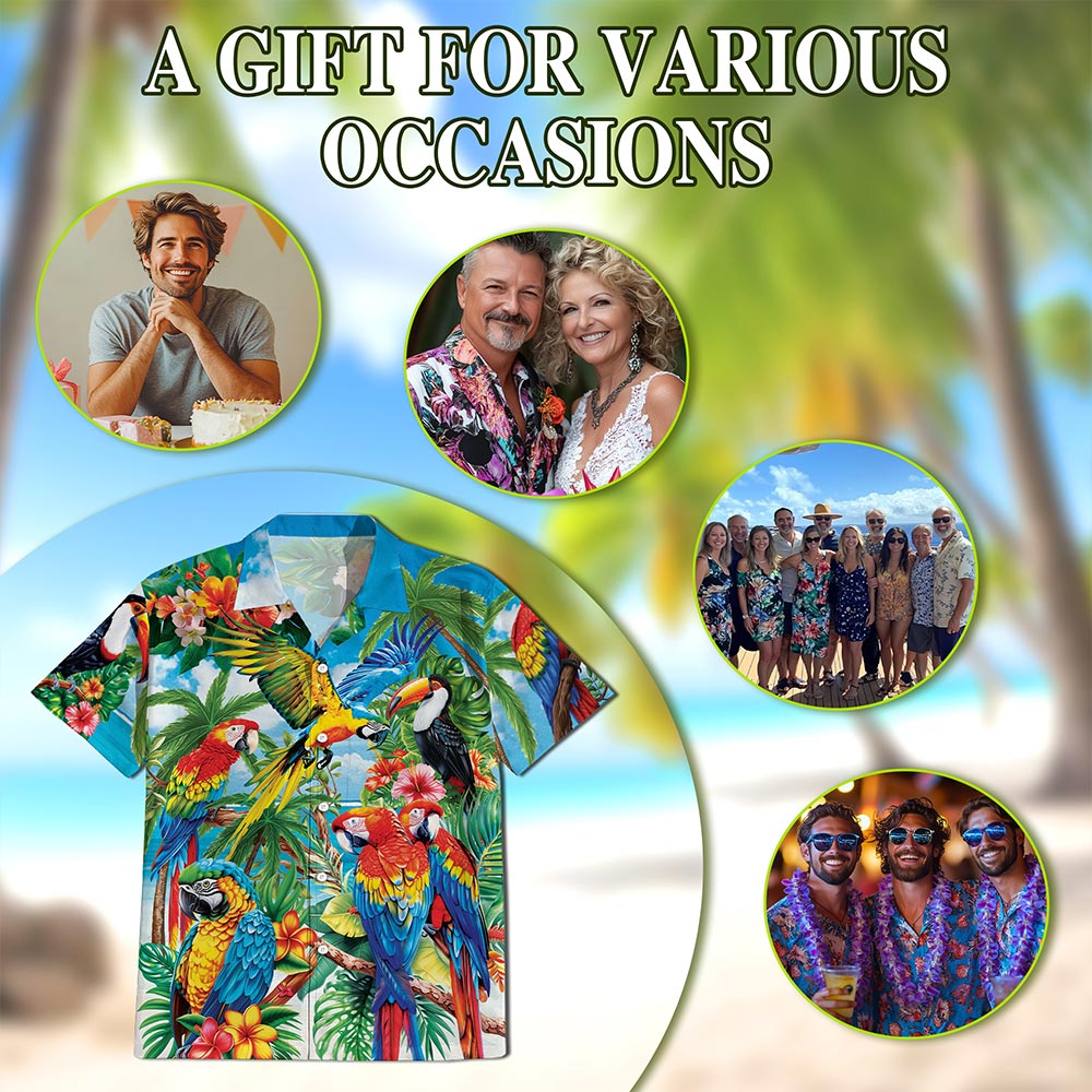 Netecom Funny Colorful Parrot Hawaiian Shirt for Men, Bird Lover Gifts, Tropical Animal Button Down Summer Beach Shirts, S-5XL