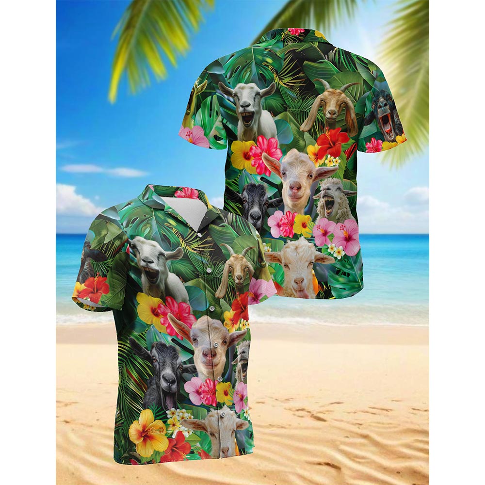 Netecom Funny Goat Tropical Hawaiian Shirt for Men, Button Down Summer Beach Short Sleeve, Goat Lover Gifts, Tropical Style, S-5XL