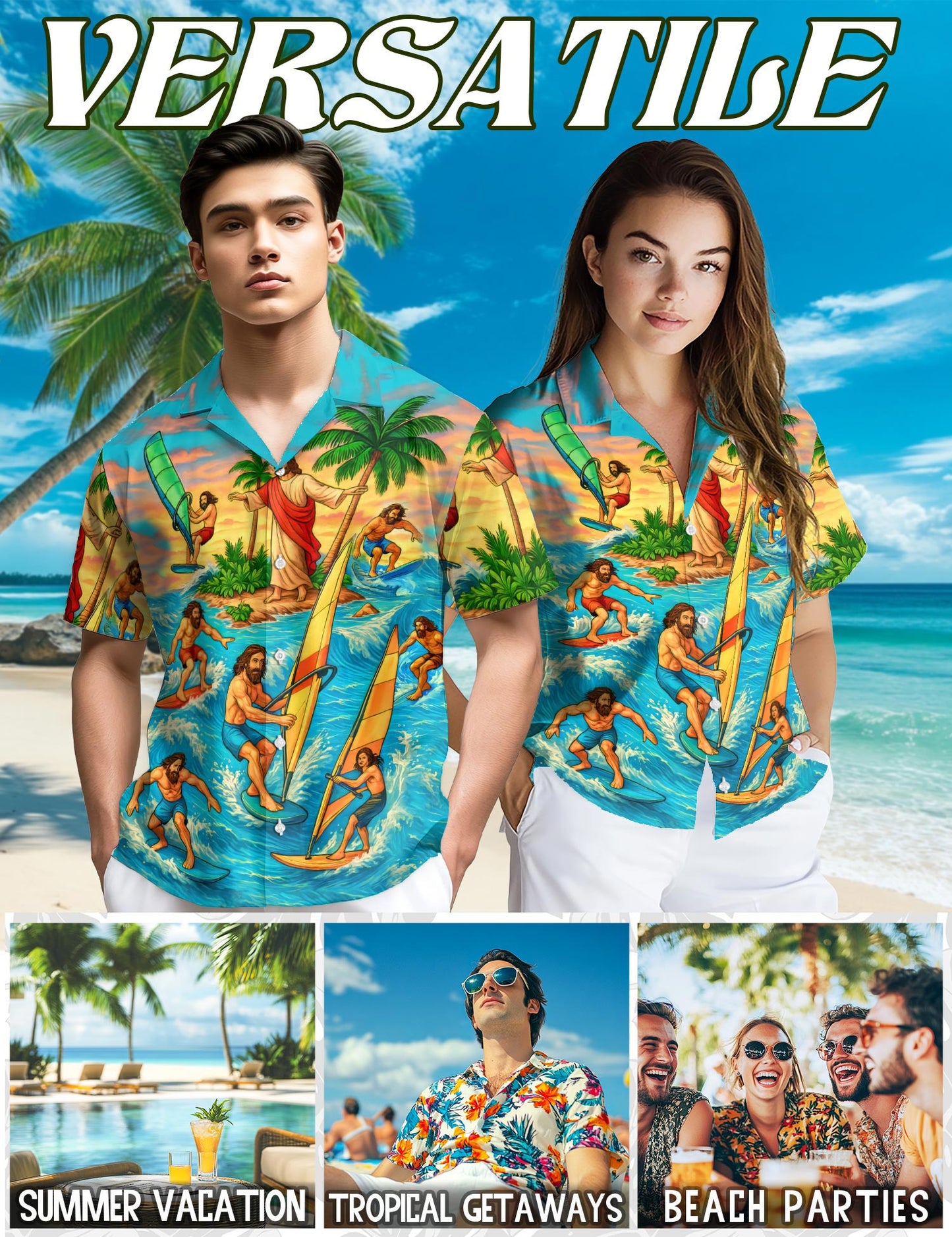 Netecom Funny Jesus Hawaiian Shirt for Men, Button Down Summer Beach Short Sleeve, S-5XL