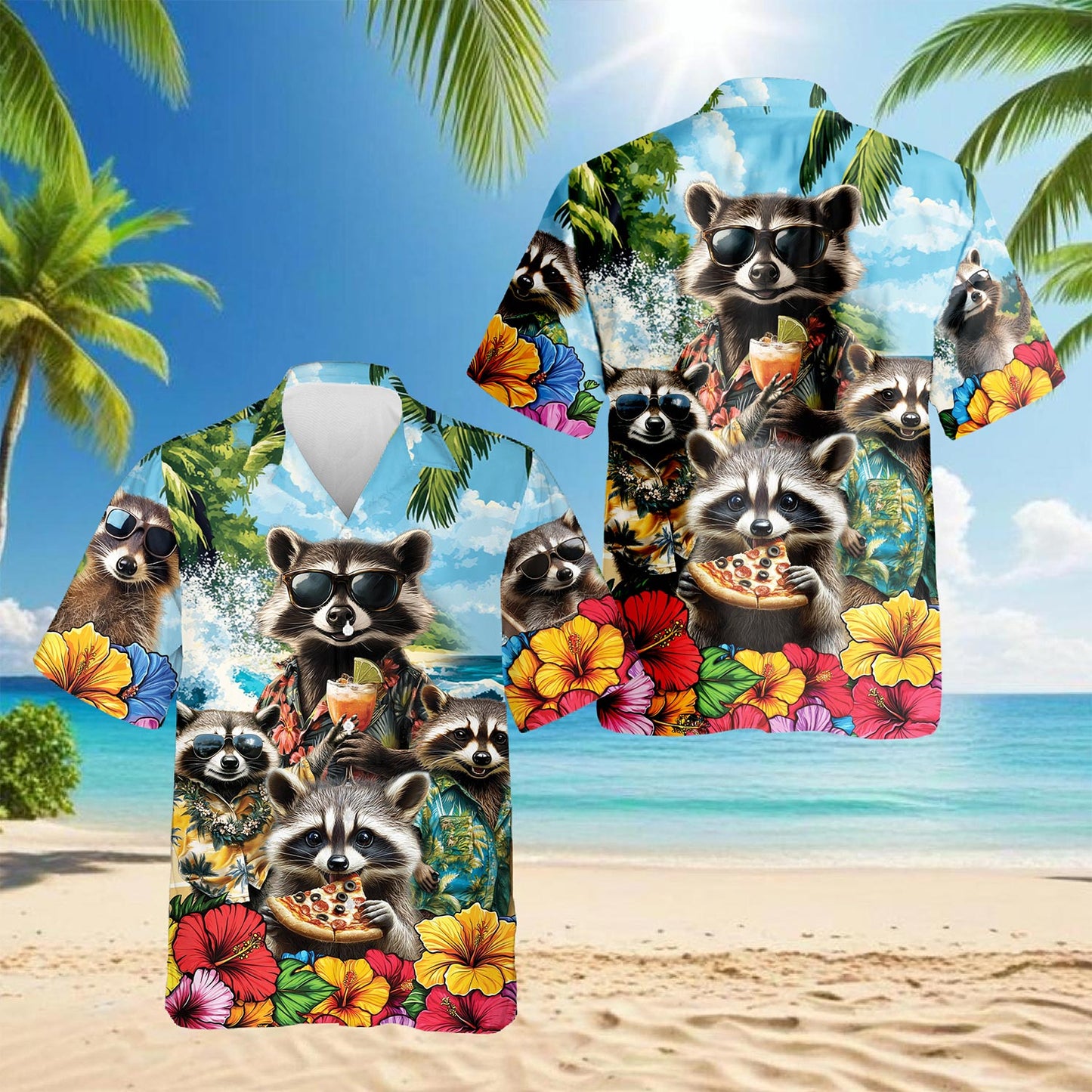 Netecom Funny Raccoon Hawaiian Shirt for Men, Button Down Summer Beach Short Sleeve, Tropical Style, Sizes S-5XL