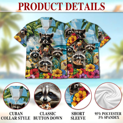 Netecom Funny Raccoon Hawaiian Shirt for Men, Button Down Summer Beach Short Sleeve, Tropical Style, Sizes S-5XL