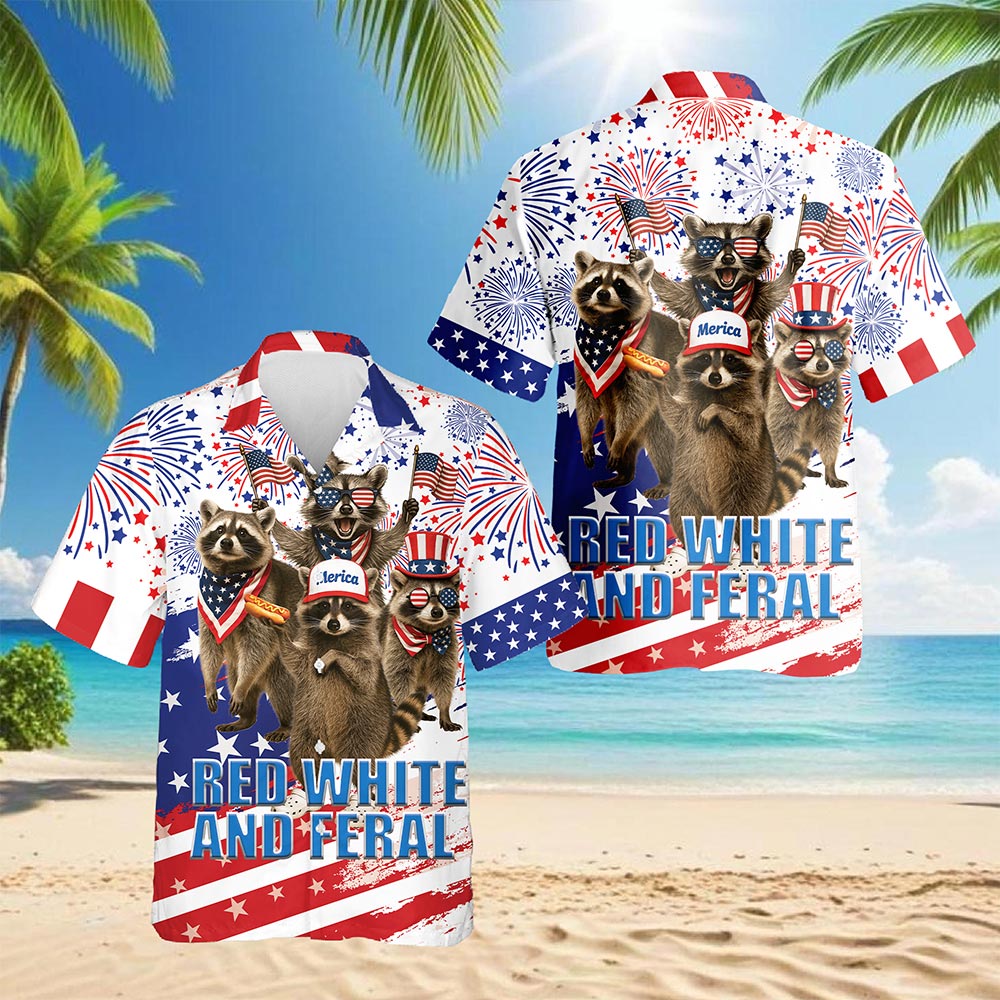 Netecom Funny Red White and Feral Hawaiian Shirt for Men, 4th of July Gifts, Patriotic Raccoon Button Down Summer Beach Shirts, S-5XL