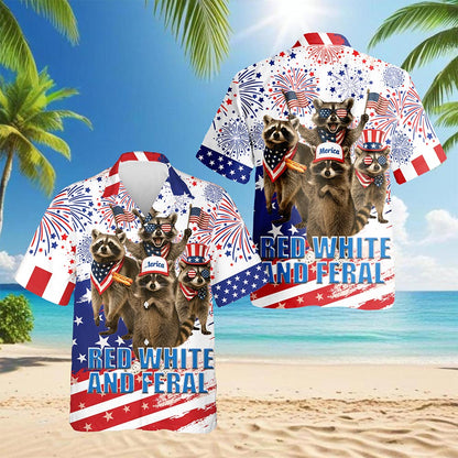 Netecom Funny Red White and Feral Hawaiian Shirt for Men, 4th of July Gifts, Patriotic Raccoon Button Down Summer Beach Shirts, S-5XL