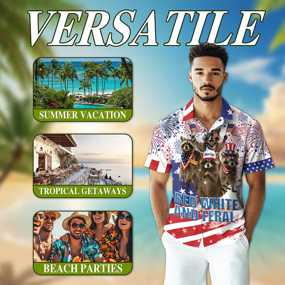 Netecom Funny Red White and Feral Hawaiian Shirt for Men, 4th of July Gifts, Patriotic Raccoon Button Down Summer Beach Shirts, S-5XL