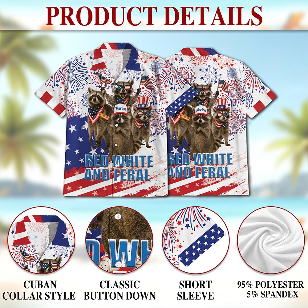 Netecom Funny Red White and Feral Hawaiian Shirt for Men, 4th of July Gifts, Patriotic Raccoon Button Down Summer Beach Shirts, S-5XL