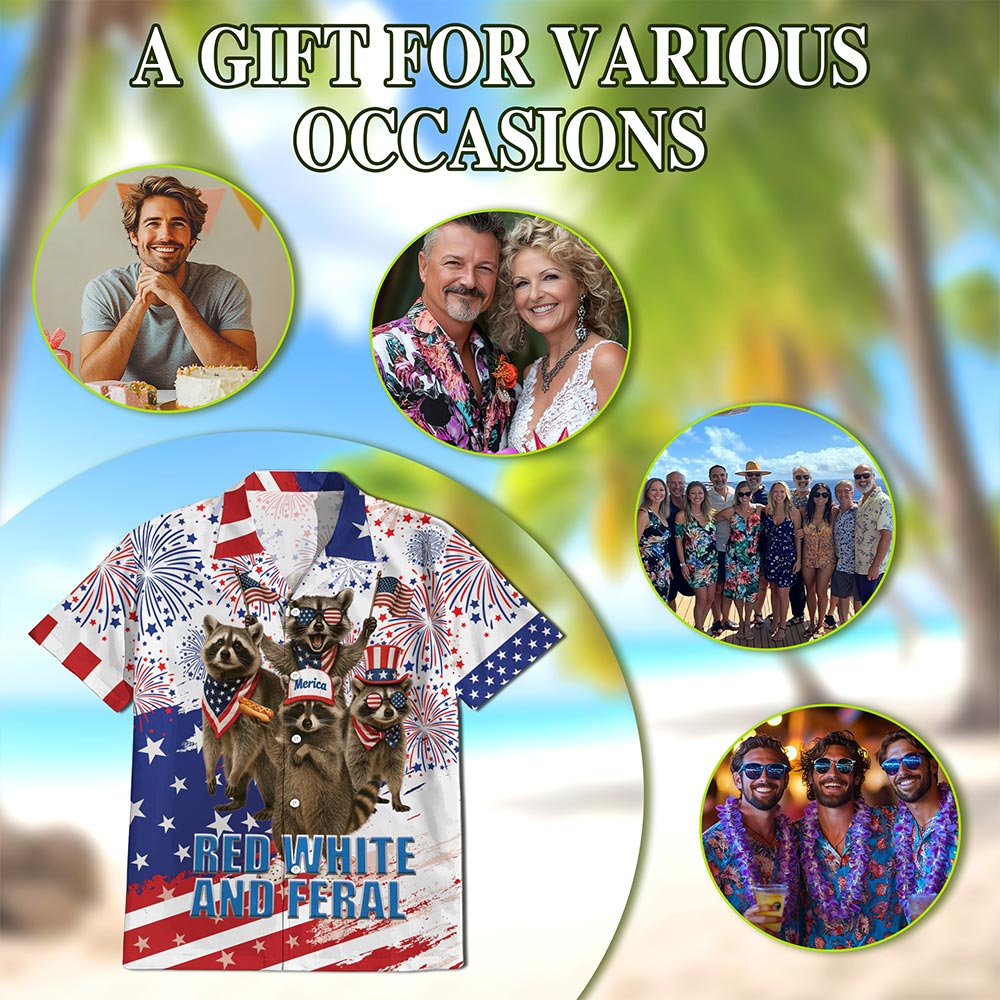 Netecom Funny Red White and Feral Hawaiian Shirt for Men, 4th of July Gifts, Patriotic Raccoon Button Down Summer Beach Shirts, S-5XL