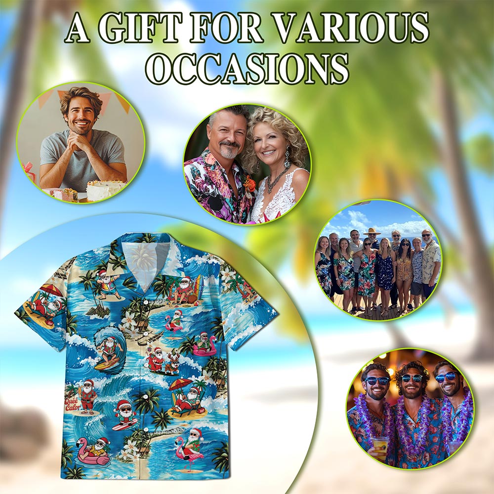 Netecom Funny Santa Claus Surfing Dolphin Hawaiian Shirt for Men, Tropical Style, Button Down Summer Beach Short Sleeve, S-5XL