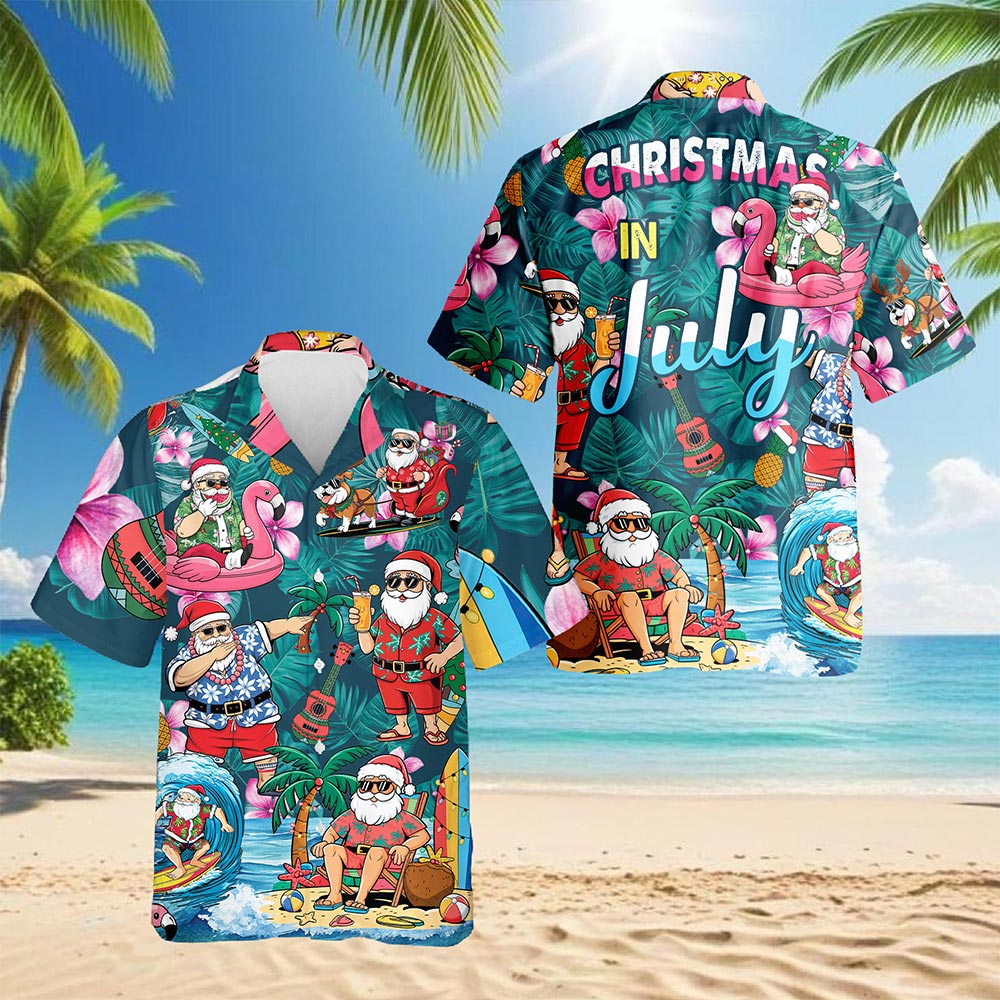Netecom Funny Santa Claus Surfing Hawaiian Shirt for Men Women, Christmas In July Button Down Summer Beach Shirts, S-5XL